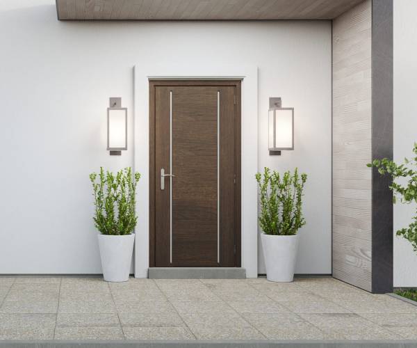 New house with wooden door and empty white wall. 3d rendering of